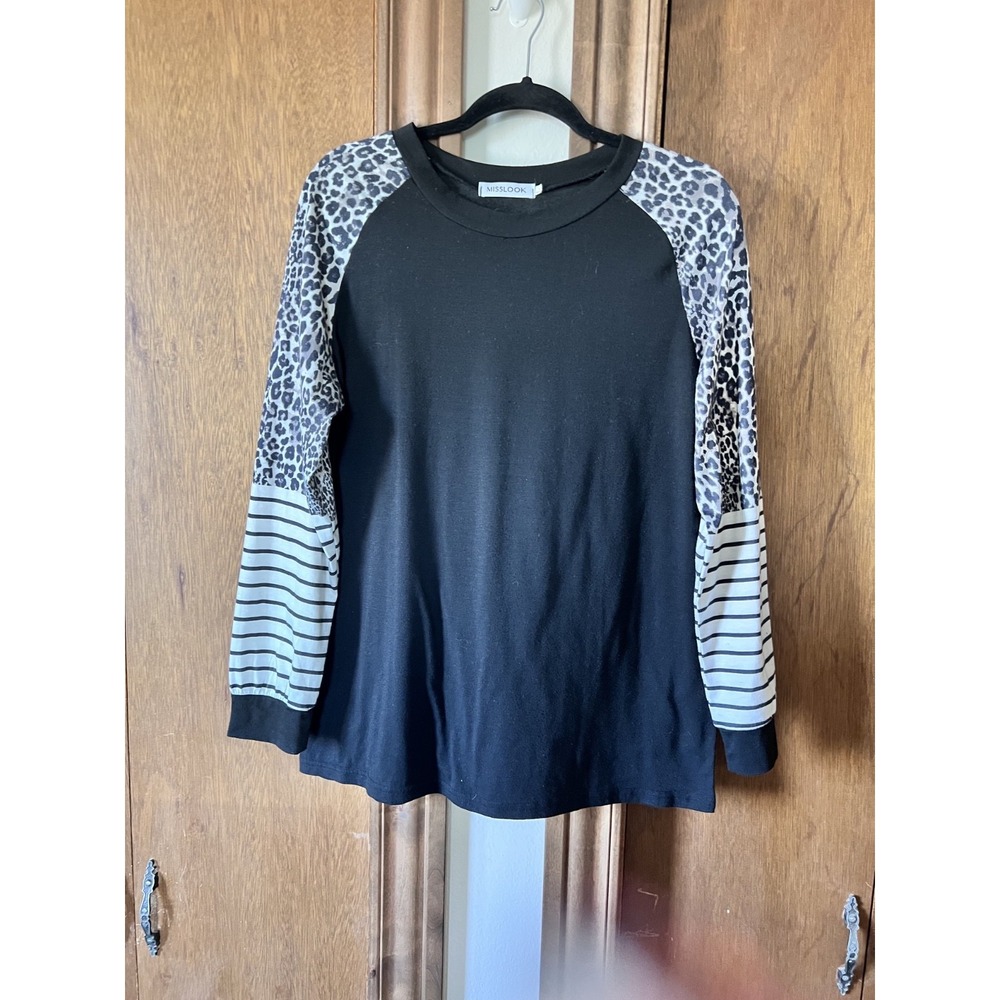 WOMAN'S MISSLOOK-Animal & Stripe Print Round Neck Long Sleeve Shirt Size L